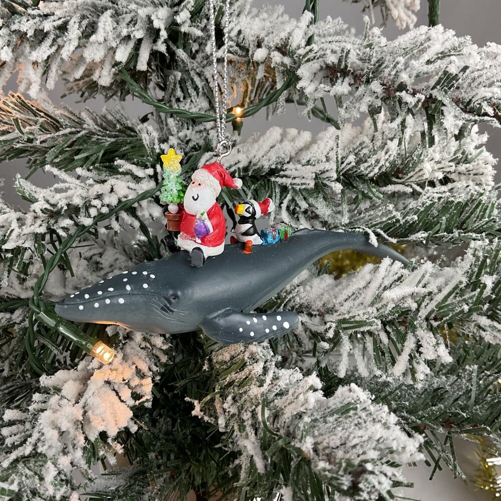Christmas Ornament- Santa And Penguin Sitting On Blue Whale-Cape Shore